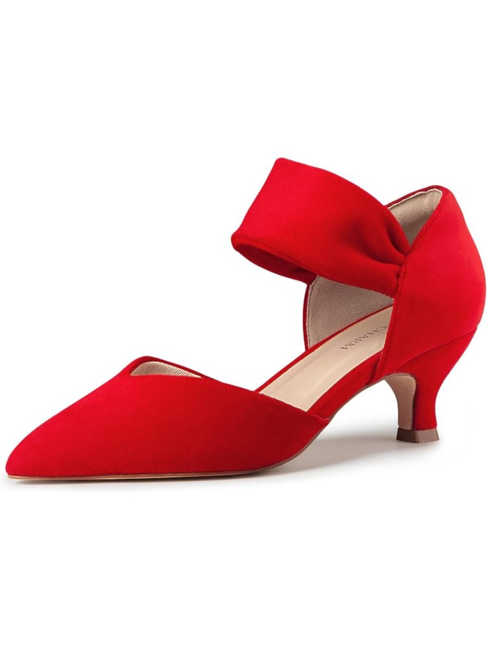 〽️Women's Red Suede Kitten Heels Closed Toe Ankle Strap Low Pumps Slip On Shoes